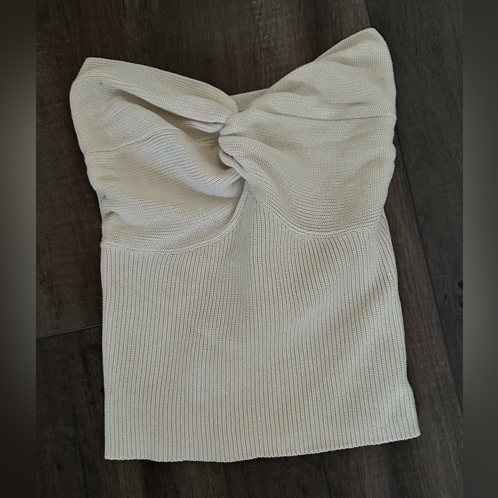 Tan Knitted crop top with tie on chest